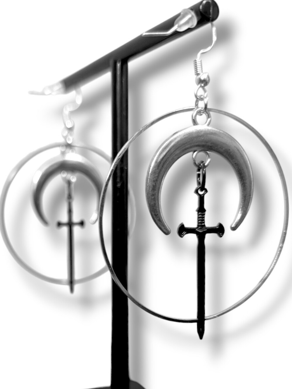 NWT Handmade Silver Crescent Moon Black Sword Hoop Layered Earrings